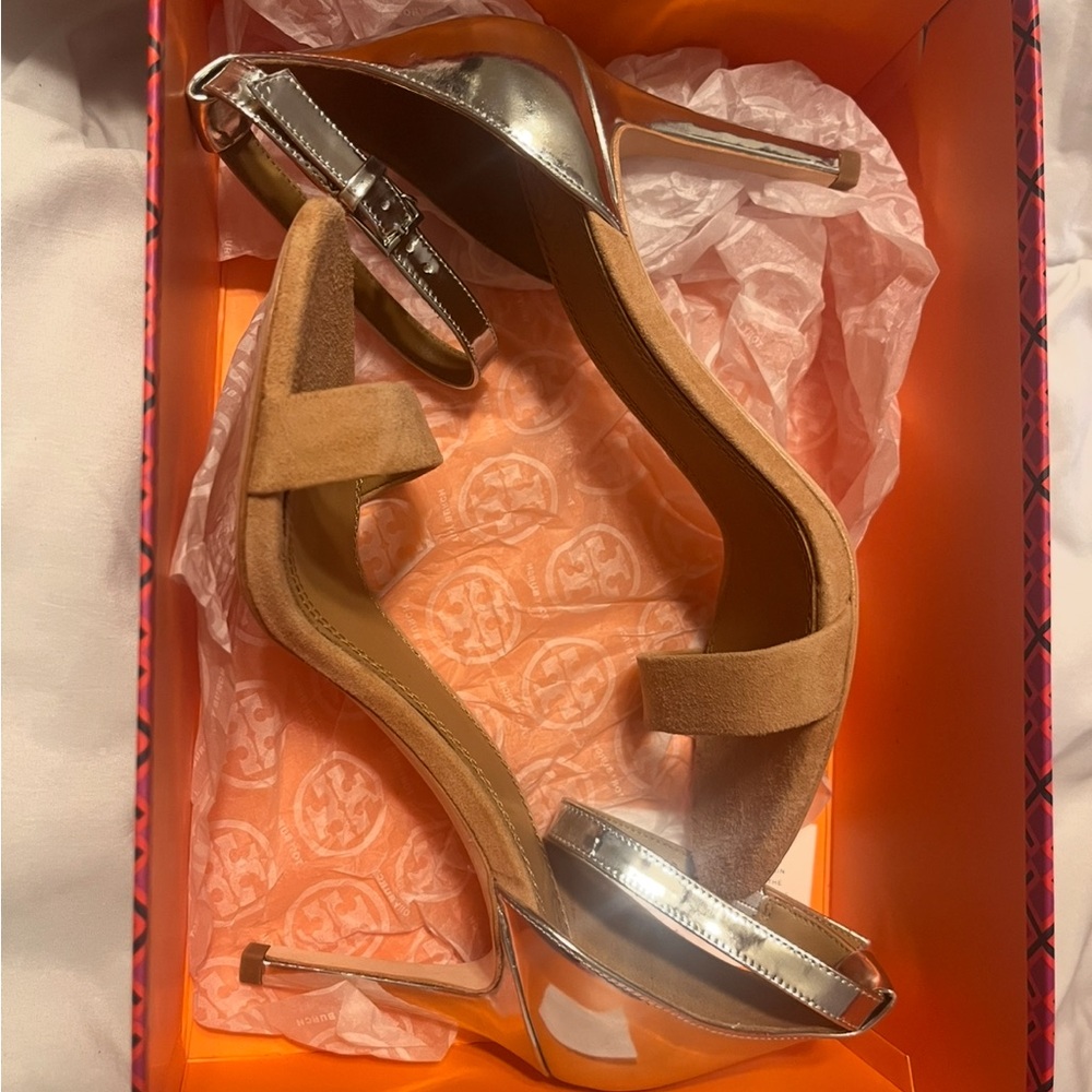 Tory Burch Silver and Tan Stiletto Heels